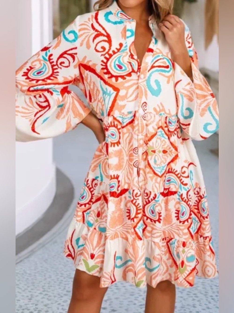 Boho Printed Dress - White with Coral & Teal